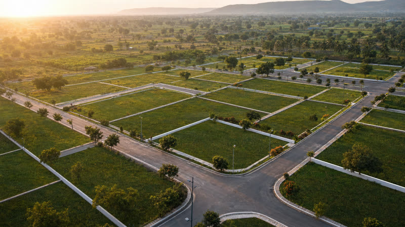 Aerial view of premium open villa plots with green landscaping