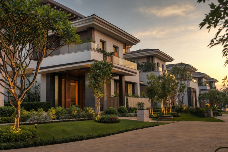 Row of elegant modern villas with landscaped gardens